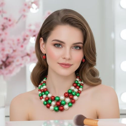 Fashion 21 Women's Faux Pearl Three Multi-Strand Statement Necklace and Earrings Set (Red + Green Mix)