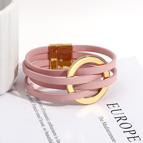 hotoo Circle Charm Bracelets for Women Handmade Leather Wrap Bracelets for Couples Friendship Bracelet Bohemian Cuff Bangle Boho Jewelry Gift - color: New Pink