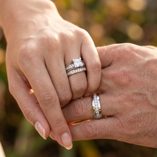 Marimor Jewelry His and Hers Stainless Steel Princess Wedding Ring Set and Eternity Wedding Band - color: White, size: Women's 10 & Men's 08mm 08