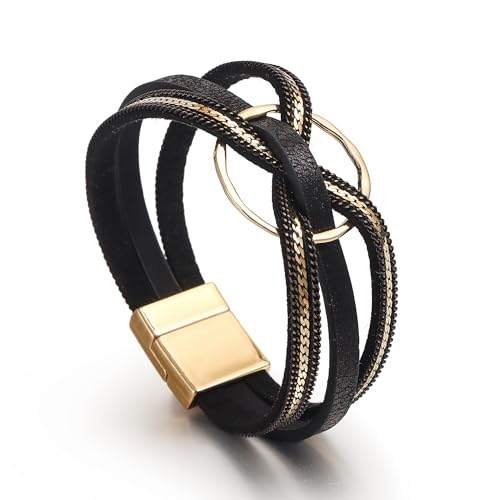 Edoneery Leather Wrap Bracelets for Women, Boho Layered Cuff Bangle | Multi-layer Leather Cuff, Daily wear, Stackable Bangle, Easy on-off, Western Jewelry Gifts for Women - color: Black-6