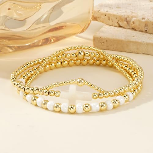 14K Gold Plated Beaded 3Pcs Stack Bracelets for Women, Dainty Trendy Freshwater Stackable Pearl Paperclip Cross Chain Gold Balls Stretch Accessories Jewelry Vacation Gift - color: white