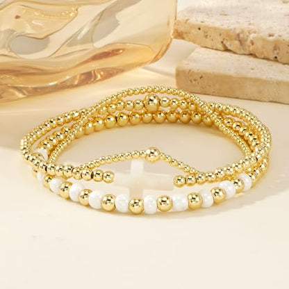 14K Gold Plated Beaded 3Pcs Stack Bracelets for Women, Dainty Trendy Freshwater Stackable Pearl Paperclip Cross Chain Gold Balls Stretch Accessories Jewelry Vacation Gift - color: white