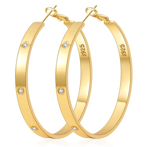 5MM Wide 925 Sterling Silver Post Hoop Earrings Hypoallergenic Lightweight | Sparkly 14K Gold Plated Large Rhinestone Hoop Earrings Big Cubic Zirconia Earring Hoops for Sensitive Ears 30/40/50/60/70MM - color: 70mm Gold