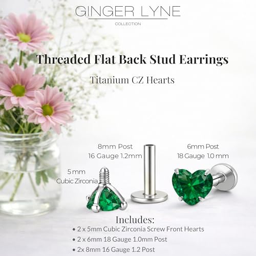 Titanium Heart CZ Labret Stud Earrings for Piercings by Ginger Lyne 6Pc Set G23 Screw Front Flat Back Body Jewelry 2 pair post 6mm, 8mm Cartilage, Helix, Tragus, Lip, Conch, Lobe - color: 5mm-DkGreen