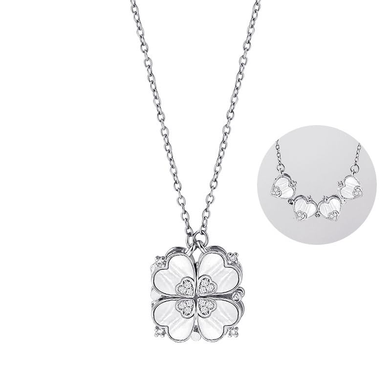 Four Leaf Clover Necklace Foldable for Women,Four Heart Grass Women's Necklaces Crocker,Retro Magnetic Folding Love Heart Pendant One Style,Two Wearing Methods - color: Silver