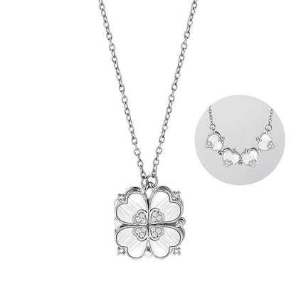 Four Leaf Clover Necklace Foldable for Women,Four Heart Grass Women's Necklaces Crocker,Retro Magnetic Folding Love Heart Pendant One Style,Two Wearing Methods - color: Silver