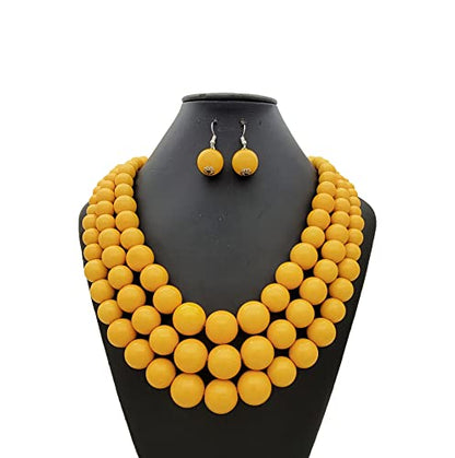 Simulated Pearl Necklace & Earring Set, Multi Strand - color: Yellow