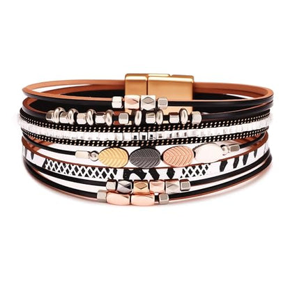 Leather Wrap Bracelets for Women, Boho Leopard Multi-Layer Crystal Beads Cuff Jewelry - color: J-Warp-026