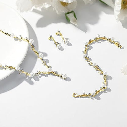 Jewelry Set for Women, Necklace Dangle Earrings Bracelet Set with White AAA Cubic Zirconia, Allergy Free Wedding Party Jewelry for Bridal Bridesmaid - color: Necklace+Braclelet+Earrings-pearl style gold