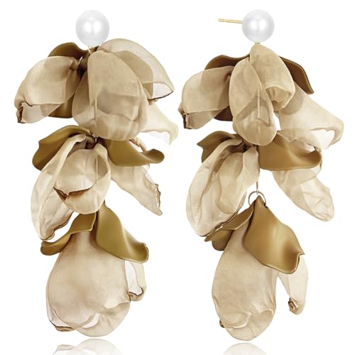 Handmade Bohemian Lightweight Fabric Flower Dangle Drop Earrings Chic Pearl Large Tassel Petal Stud Earrings For Women - color: khaki