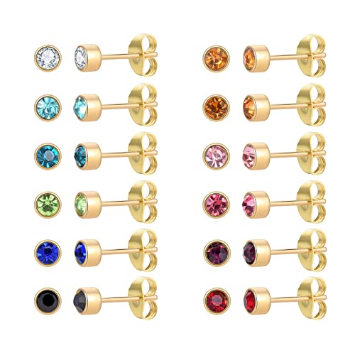 12 Pairs 18K Gold Plated Surgical Stainless Steel Stud Earring Cubic Zirconia CZ Multicolor Birthstone Stud Earrings Set - style: Round 3mm