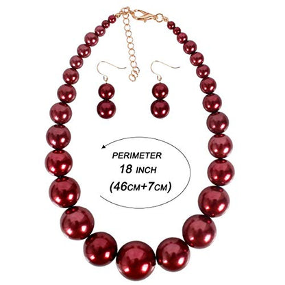 Large Style Big Imitate Pearl Strand Choker Necklace With Earrings Set - color: burgundy