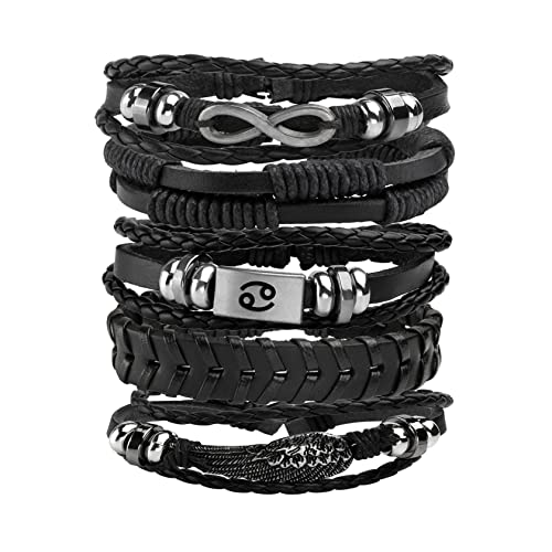 5 Pcs Braided Leather Bracelets for Men Women Woven Cuff Bracelet Adjustable - color: Black(12-Constellation Engraved)