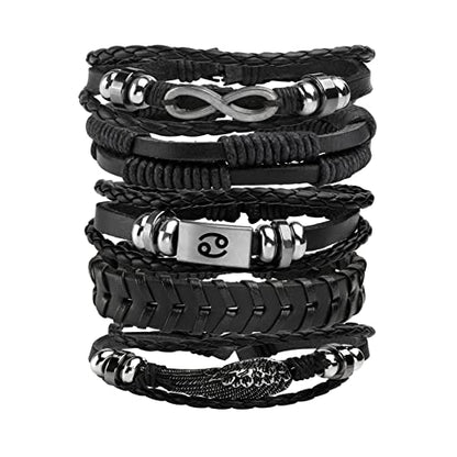 5 Pcs Braided Leather Bracelets for Men Women Woven Cuff Bracelet Adjustable - color: Black(12-Constellation Engraved)