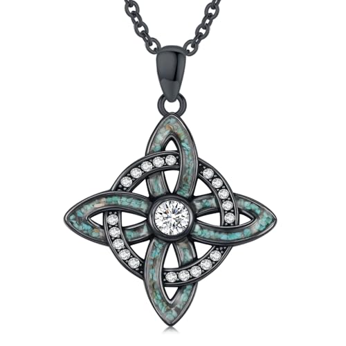 Witch Necklace 925 Sterling Silver Pentagram Triple Moon Pentacle Pendant Wiccan Pagan Jewelry Witchy Gifts for Women - style: Witches Knot-Turquoise Zircon