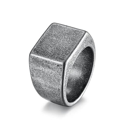 Kemstone Square Signet Ring for Men - Stainless Steel Flat Top Heavy Geometric Silver Gold Black - color: Antique Silver, size: 10#