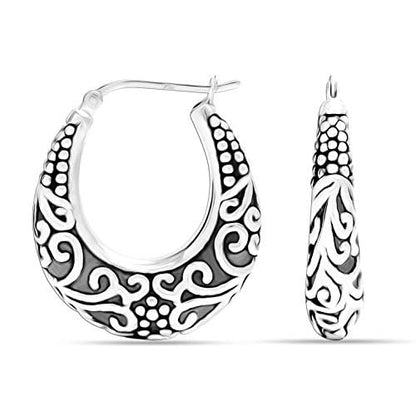 LeCalla 925 Sterling Silver Bali-Style Hoop Earrings Lightweight Click-Top Antique Two-Tone Beaded Italian Bali Style Earring Hoops for Women - style: Scrollwork Style