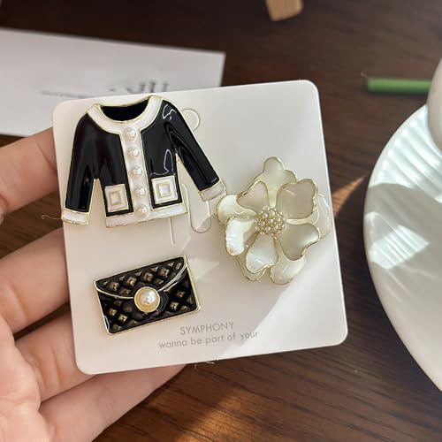 Elegant Flower Imitation Pearl Brooch Pin Set Retro Enamel Coat Bag and Camellia Lapel Collar Brooches Pins Fashion Birthday Business Jewelry for Women Dress Suit Sweater Shirt Badge Accessory 3Pcs - color: Black
