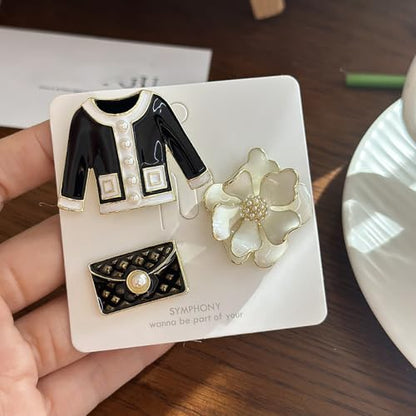Elegant Flower Imitation Pearl Brooch Pin Set Retro Enamel Coat Bag and Camellia Lapel Collar Brooches Pins Fashion Birthday Business Jewelry for Women Dress Suit Sweater Shirt Badge Accessory 3Pcs - color: Black