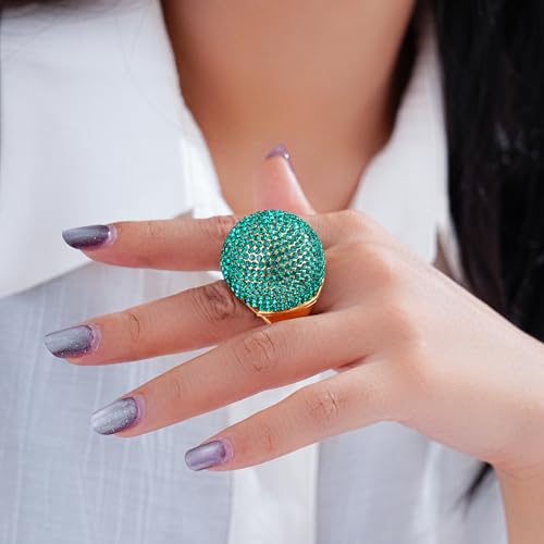 Gold Snowball Rhinestone Cocktail Ring – Adjustable Stretch Sparkling Party Jewelry for Women, Elegant Costume Ring for Evening Wear, Wedding, Prom - color: green