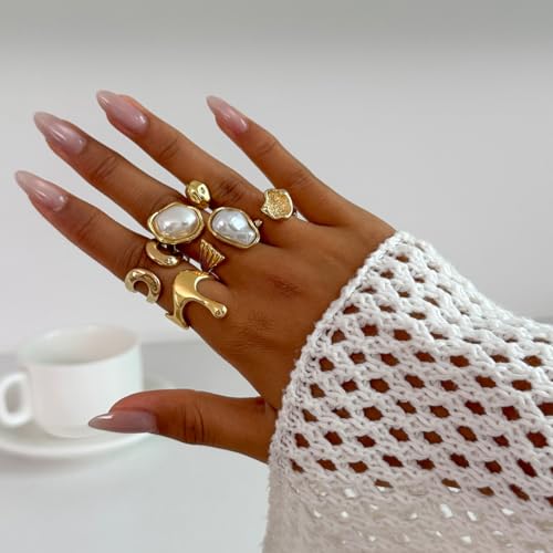CSIYANJRY99 Gold Silver Rings Set for Women Trendy Irregular Chunky Gold Ring Baroque Pearl Rings Stackable Statement Knuckle Ring Jewelry - color: C-Gold