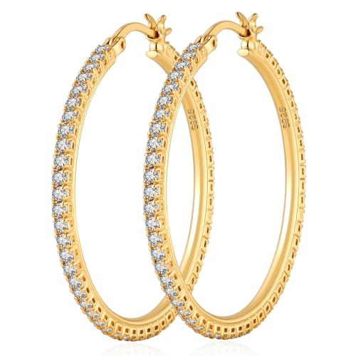 2MM S925 Sterling Silver Post Cubic Zirconia Hoop Earrings Hypoallergenic | 14K Gold Plated - color: Gold-40MM