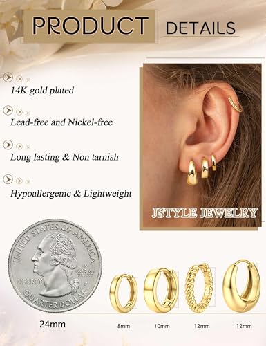 Jstyle Small Hoop Earrings for Women, Gold Silver Earring Stack | 4Pcs Huggie Hoop Earrings Set, Non Tarnish, Chunky Cartilage Earring, Piercing Jewelry, Comfortable Daily Wear - color: 14K Gold Plated