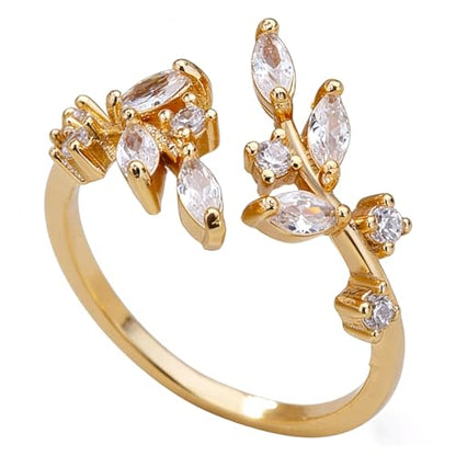 1 Pcs Gold Plated Crystal Leaf Rings,Adjustable Rings for Women,Leaf Ring,Adjustable Gold Tone Ring,Open Rings for Women,Best Friend Valentine's Day Gift for Girlfriend Wife(Gold)