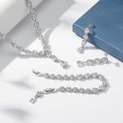 Jewelry Set for Women, Necklace Dangle Earrings Bracelet Set with White AAA Cubic Zirconia, Allergy Free Wedding Party Jewelry for Bridal Bridesmaid - color: Necklace+Earrings+Bracelet-Teardrop