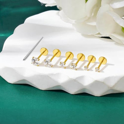 Gotumo 20G 18G 16G Flat Back Earrings Stud Nose Ring Titanium Internal Thread Tragus Labret Cartilage Lip Medusa Conch Body Piercing Jewelry Nose Stud Hypoallergenic for Women Men - color: Gold, size: 16G Bar-6/7/8mm & CZ-2/3/4mm