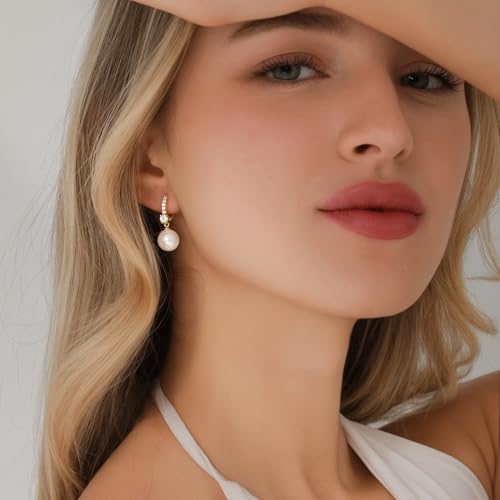 Pearl Earrings for Women 14K Gold Plated Hypoallergenic Pearl Earrings 5A Cubic Zirconia Dangle Earrings Elegant Jewelry - color: 2-Gold