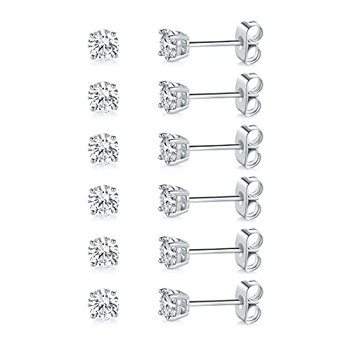 MDFUN Hypoallergenic CZ Stud Earrings Set for Women/Men,6 Pairs 18K Gold Plated Round 3-8mm Clear Cubic Zirconia Earring Pack Jewelry Gift - color: White gold-4mm-6 pairs