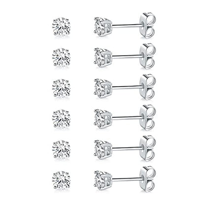 MDFUN Hypoallergenic CZ Stud Earrings Set for Women/Men,6 Pairs 18K Gold Plated Round 3-8mm Clear Cubic Zirconia Earring Pack Jewelry Gift - color: White gold-4mm-6 pairs