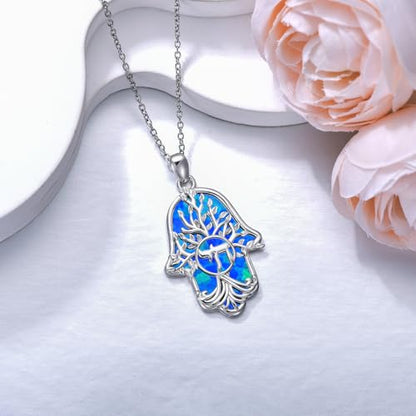 Hamsa Necklace 925 Sterling Silver Evil Eye/Lotus Flower/Star of David/Chai/Yin Yang Hamsa Hand Pendant Jewelry Hand of Fatima Gifts for Women - style: Chai-Blue Opal