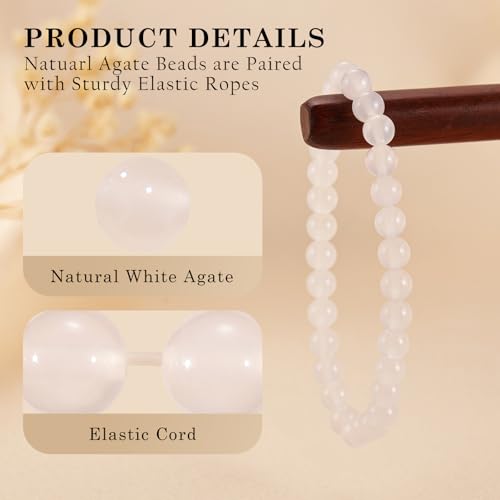 Agate Round Beaded Bracelet for Women Men Natural Agates Stone Healing Bracelets Stretch Elastic Handmade Polished Gemstone Beads Bracelet - color: White, size: 6mm Beads