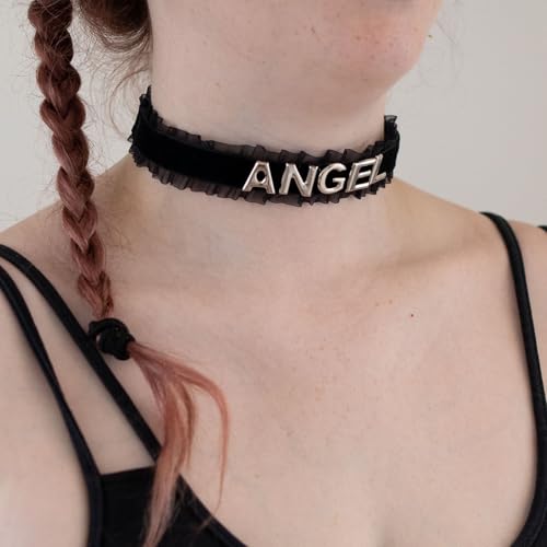 Women's Black Velvet Lace Letter Choker Collar for Halloween, 15-inch | Made of Velvet Lace Ribbon and Silver Letter Charms, Lobster-claw Closure, Daily Gothic Style, Avoid Water & Perfume - color: ANGEL