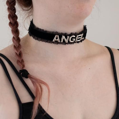 Women's Black Velvet Lace Letter Choker Collar for Halloween, 15-inch | Made of Velvet Lace Ribbon and Silver Letter Charms, Lobster-claw Closure, Daily Gothic Style, Avoid Water & Perfume - color: ANGEL