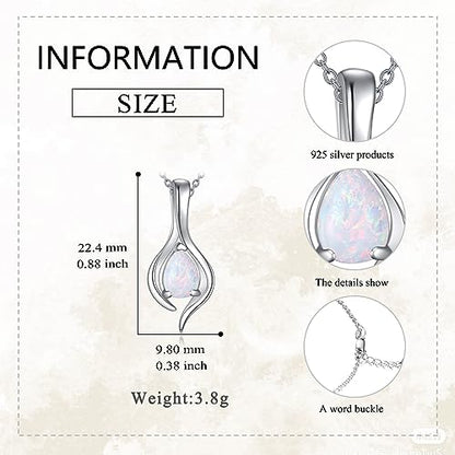 VONALA Sterling Silver Necklace Moss Agate/Turquoise/Larimar/Aquamarine/Opal/Black Onyx/Rose Quartz/Moonstone Pendant Teardrop Necklace Jewelry Gift for Women - style: Opal