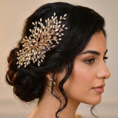 Rhinestone Leaf Wedding Hair Comb, Sparkly Bridal Hair Piece Accessories for Bride Bridesmaid Party Prom (Champagne) - color: Champagne