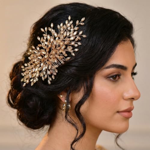Rhinestone Leaf Wedding Hair Comb, Sparkly Bridal Hair Piece Accessories for Bride Bridesmaid Party Prom (Champagne) - color: Champagne