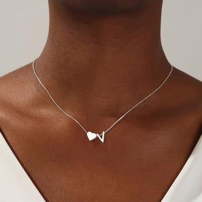 Turandoss Heart Initial Necklace for Women Teen Girls - 18K Gold Plated Letter A-Z Pendant Necklace Dainty Heart Necklaces Tiny Initial Necklaces Birthday Gifts for Women Jewelry - color: Silver, style: V
