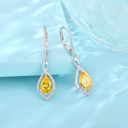 Infinity Teardrop Earrings 925 Sterling Silver Dangle Drop Leverback Earrings Birthstone Jewelry for Women - color: Yellow