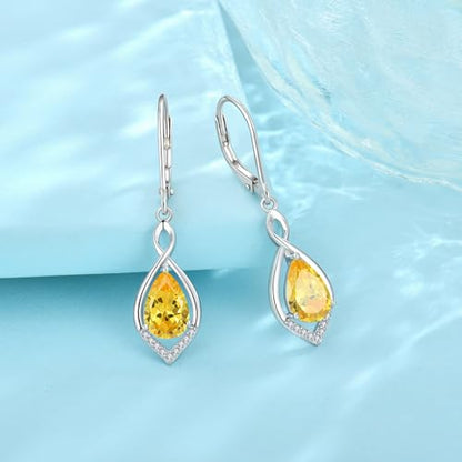 Infinity Teardrop Earrings 925 Sterling Silver Dangle Drop Leverback Earrings Birthstone Jewelry for Women - color: Yellow