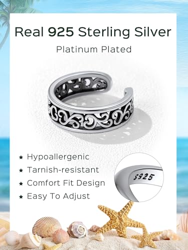 ChicSilver Toe Rings for Women 925 Sterling Silver Adjustable Toe Ring | 925 sterling silver, hypoallergenic for sensitive skin, adjustable open band, summer beach wear gift - color: J: Filigree (1 pc)