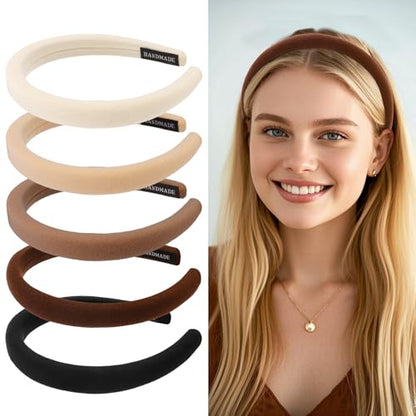 Aprince Padded Headbands for Women 5Pcs, Neutral Headband Non-slip, Thin Headbands with Soft Fabric, Comfortable Brown Headband, Head Bands for Women’s Hair, Plain Elastic Hairbands Fashion