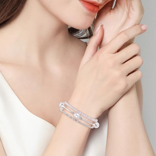Ymapinc Pearl Bracelets for Women Silver Stretch Bracelets for Women Stackable，Three Layer Bracelet with Pearls and Rhinestones Exquisite Jewelry Decoration