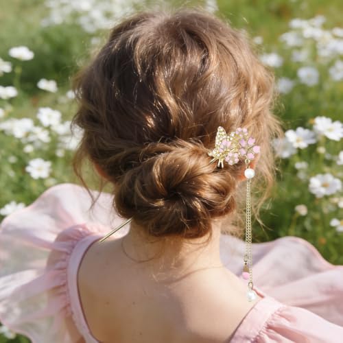 6Pcs Chinese Hair Sticks Set Pink Chinese Hair Sticks with Pearl, Butterfly & Flower Design, Japanese Hair Pin, Traditional Asian Hairpins for Bun Updo - color: 6pcs Pink