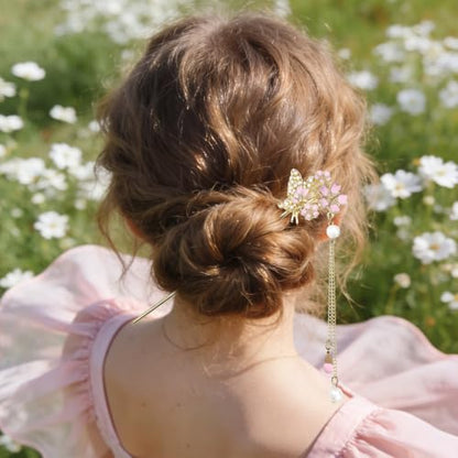 6Pcs Chinese Hair Sticks Set Pink Chinese Hair Sticks with Pearl, Butterfly & Flower Design, Japanese Hair Pin, Traditional Asian Hairpins for Bun Updo - color: 6pcs Pink