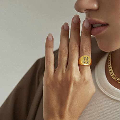 GoldChic Jewelry Personalized Signet Rings Men Women, Stainless Steel Custom Photo Bold Square/Oval Monogram/Old English Initial Pinky Stacking Statement Ring in Black/Silver/Gold (Size 7-14) - color: Gold-Initial -Round