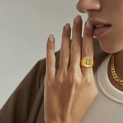 GoldChic Jewelry Personalized Signet Rings Men Women, Stainless Steel Custom Photo Bold Square/Oval Monogram/Old English Initial Pinky Stacking Statement Ring in Black/Silver/Gold (Size 7-14) - color: Gold-Initial -Round